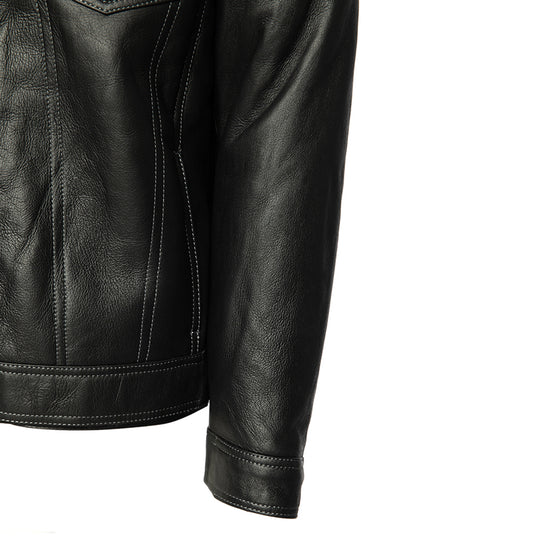 Black Denim Jacket Style Shearling Jacket sleeve detail black leather cuff