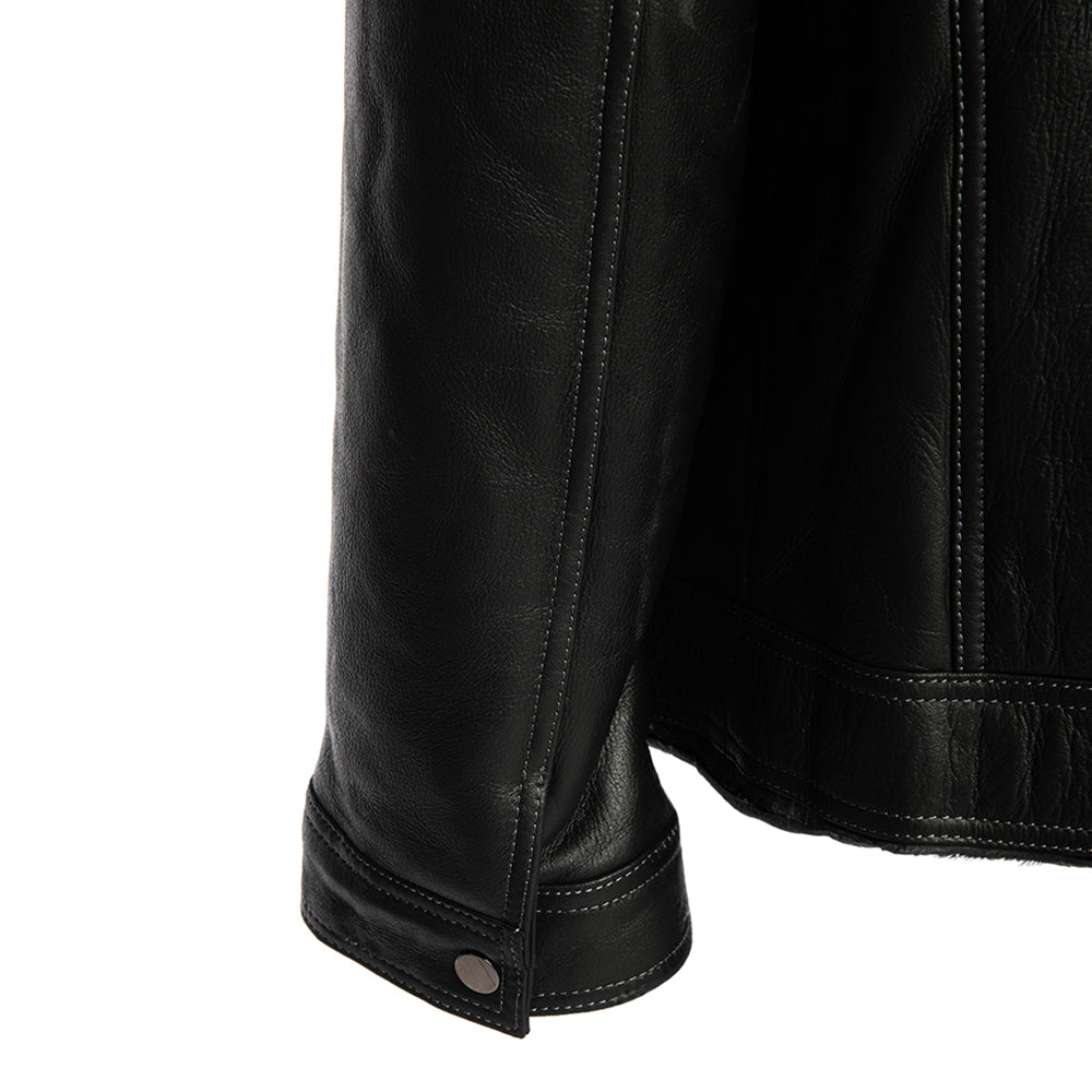 Black Denim Jacket Style Shearling Jacket close up sleeve texture detail