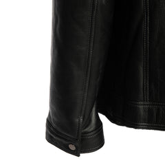 Black Denim Jacket Style Shearling Jacket close up sleeve texture detail