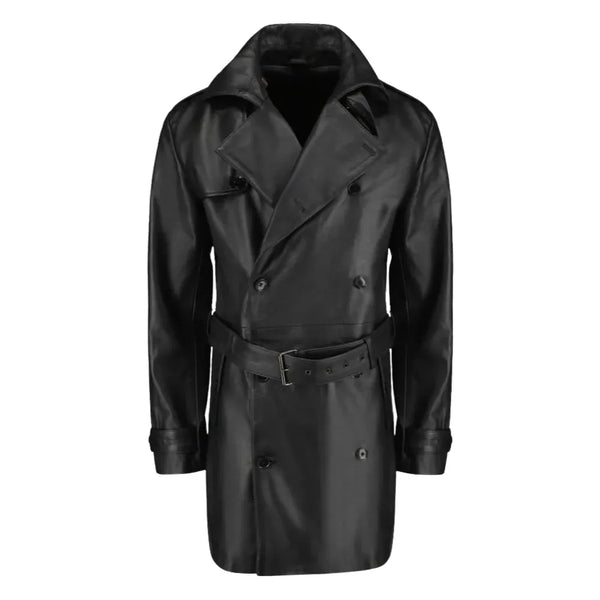 Black leather belted and double breasted trench coat