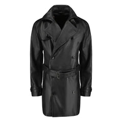 Black Leather Belted and Double Breasted Trench Coat front view black leather trench coat with belt and double breasted design