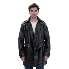 Model wearing Black Leather Belted and Double Breasted Trench Coat front view long black leather coat with belt