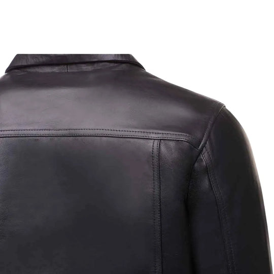 Black Leather Jacket with Collars close up back leather panel