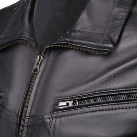 Black Leather Jacket with Collars close up classic collar on leather jacket