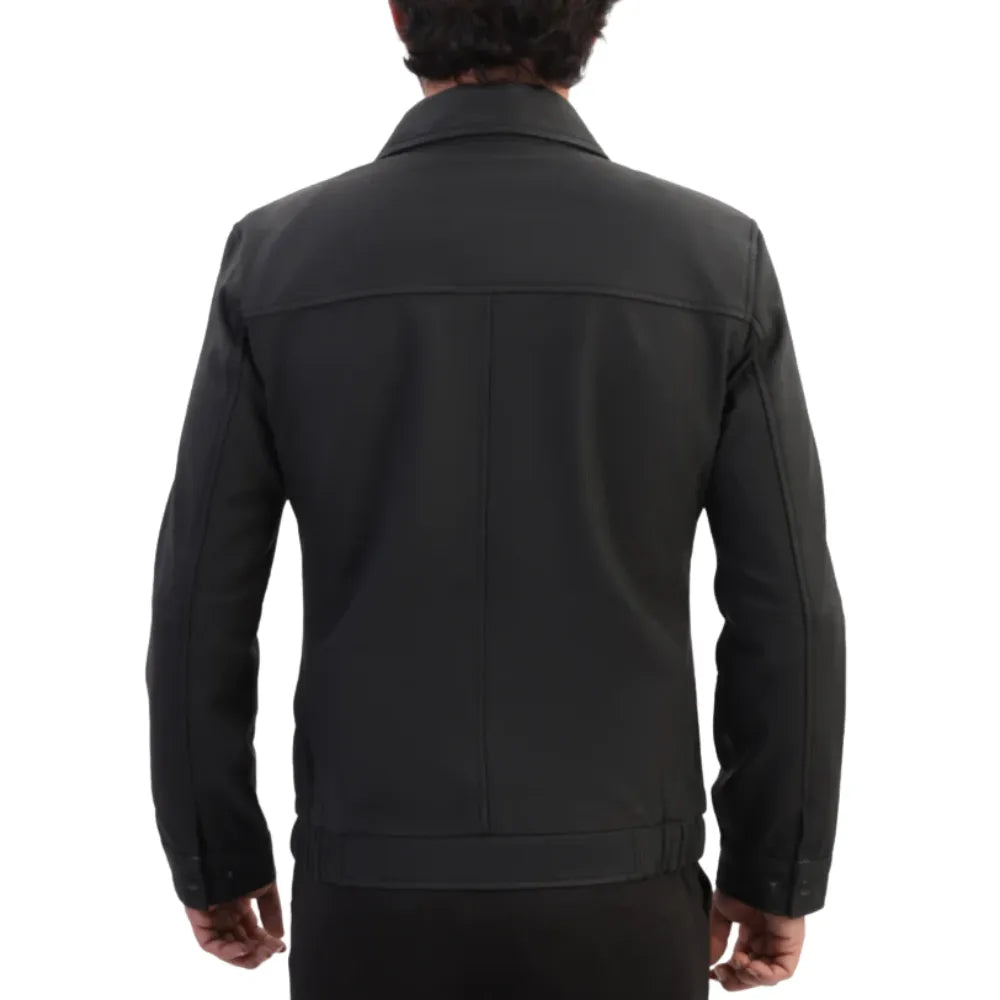 Model wearing Blaze Matte Black Classic Leather Jacket back view black leather jacket
