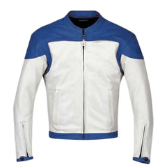 Front view of a blue and white armored motorcycle jacket, featuring a bold two-tone chest design with a central zipper and integrated shoulder armor.