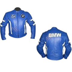 Front & back view of the blue BMW armored jacket, featuring the iconic BMW roundel logo on the chest and a refined, ergonomic fit in premium blue leather.
