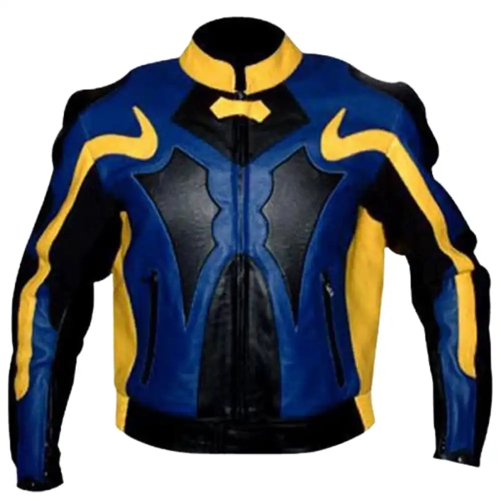 Front view of a blue and yellow armored leather motorcycle jacket featuring high-visibility color blocking and integrated protective shoulder sliders.