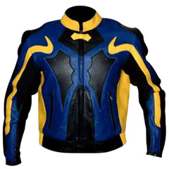 Front view of a blue and yellow armored leather motorcycle jacket featuring high-visibility color blocking and integrated protective shoulder sliders.