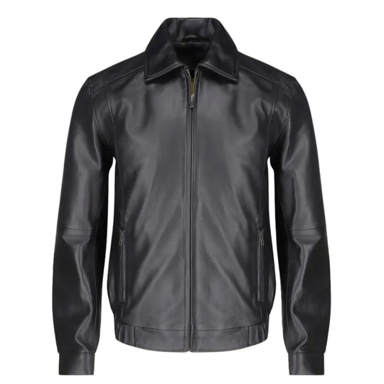 Bomber Leather Jacket with Spread Collars front angle leather bomber jacket with spread collar