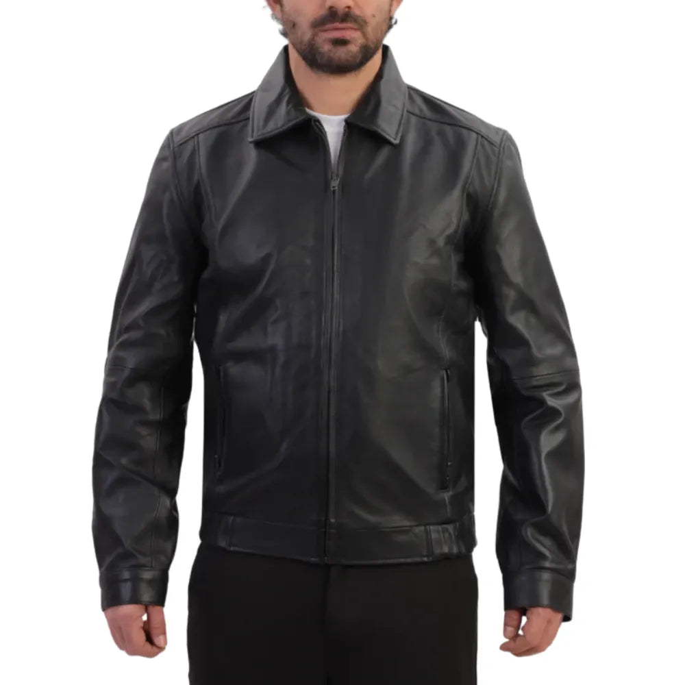 Model wearing Bomber Leather Jacket with Spread Collars black leather bomber jacket outfit