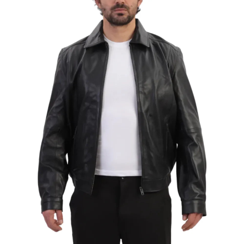 Model styling Bomber Leather Jacket with Spread Collars classic leather bomber jacket look