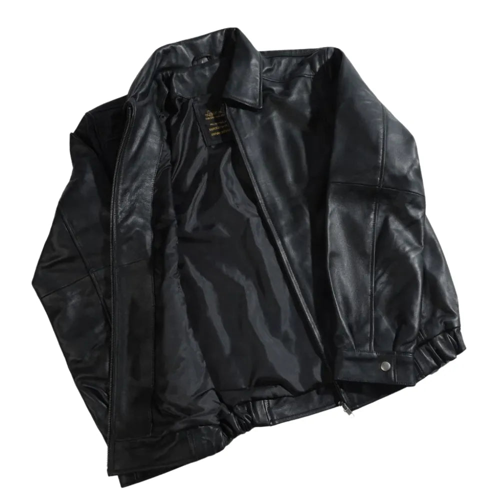 Bomber Leather Jacket with Spread Collars side profile black leather bomber jacket with wide collar