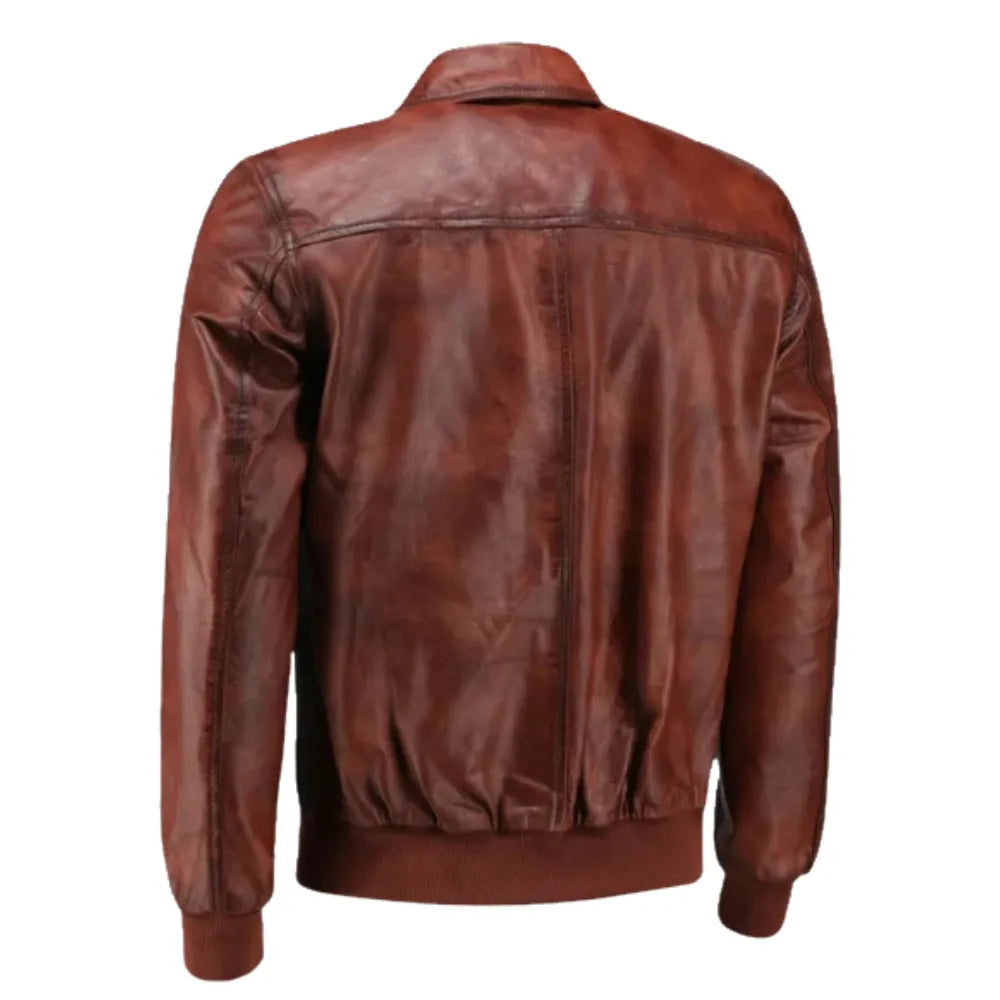 Boyd's Rust Leather Jacket with Ribbed Cuffs back view rust leather jacket with ribbed waistband