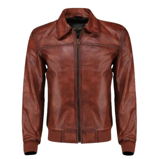 Boyd's Rust Leather Jacket with Ribbed Cuffs front view rust leather jacket with ribbed cuffs and waistband