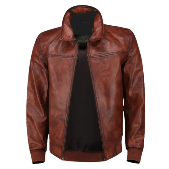 Boyd's Rust Leather Jacket with Ribbed Cuffs front angle rust leather bomber jacket with ribbed trim