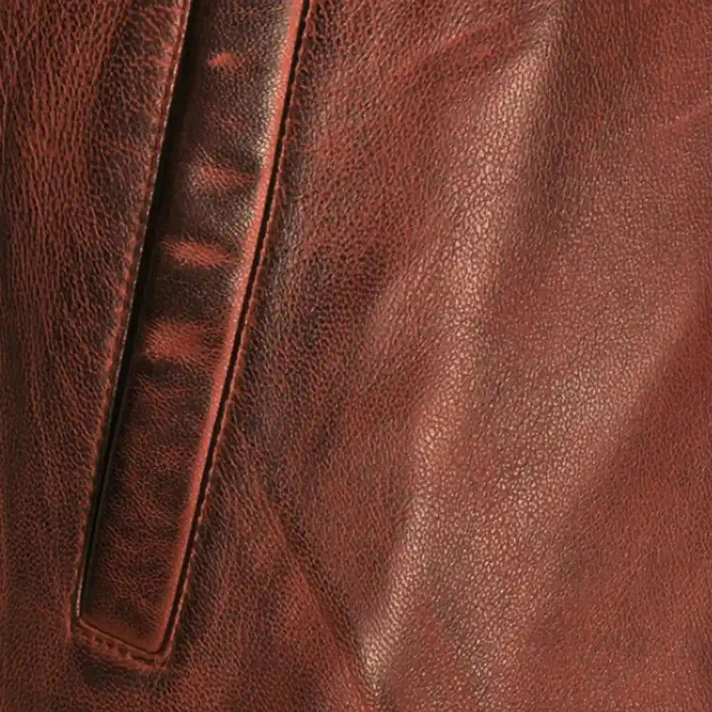 Boyd's Rust Leather Jacket with Ribbed Cuffs close up of pocket on rust leather jacket