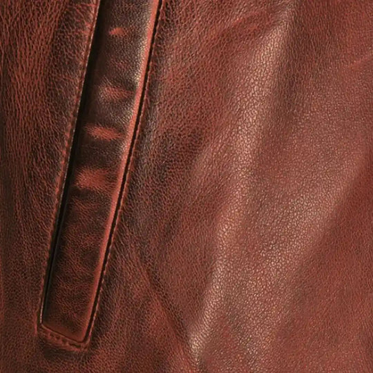 Boyd's Rust Leather Jacket with Ribbed Cuffs close up of pocket on rust leather jacket