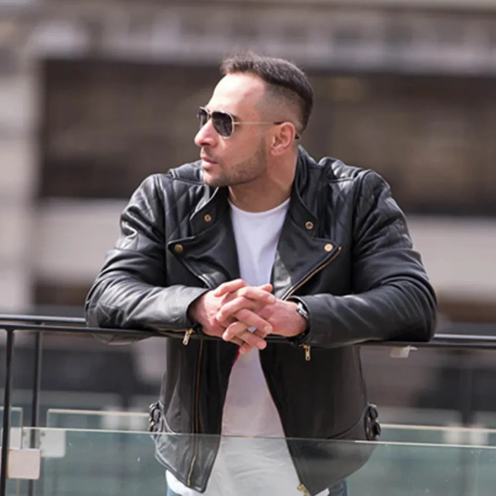 Model wearing Brandford's Quilted Leather Biker Jacket, displaying its perfect fit and timeless biker style.