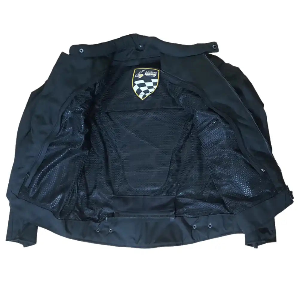 Interior view of the moisture-wicking lining with visible pockets for removable CE-level armor at the shoulders, elbows, and back.