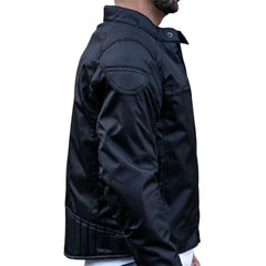Side view of a technical leather motorcycle jacket featuring a waterproof matte finish, integrated chest vents, and a high-neck storm closure.