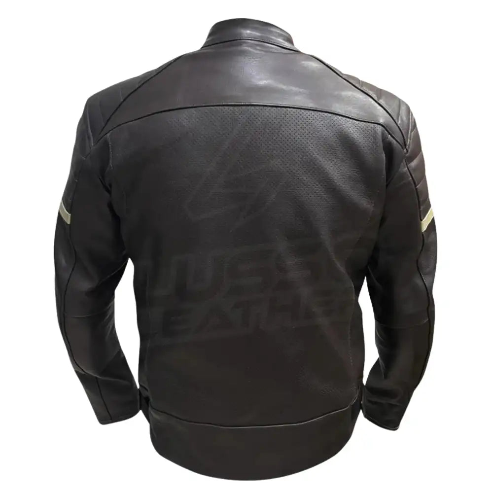 Back view of the brown leather jacket showing the clean silhouette and the continuation of the padded texture on the upper arms.