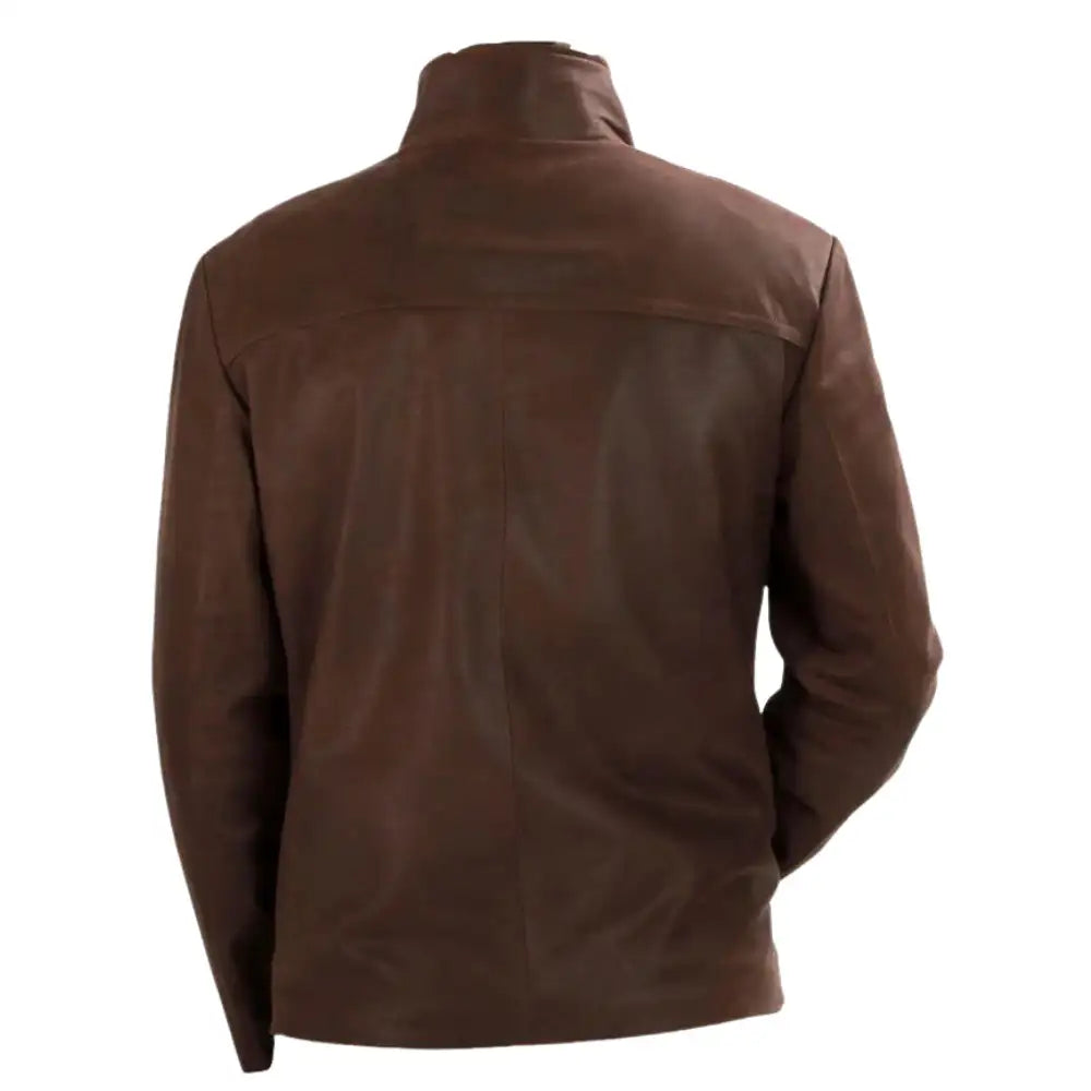 Rear view of Brown suede bomber leather jacket on a mannequin against a white background.