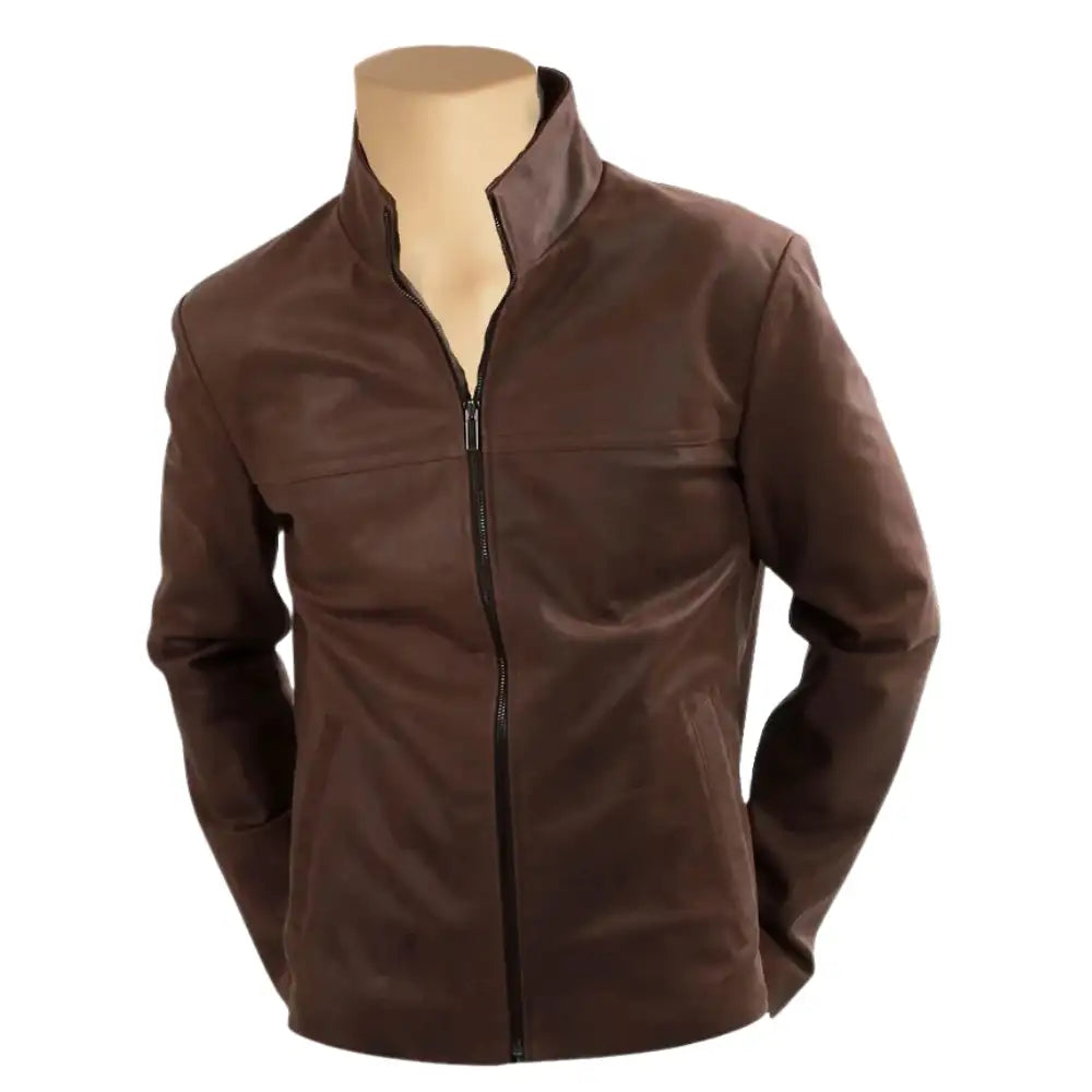 Front view of Brown suede bomber leather jacket on a mannequin against a white background.