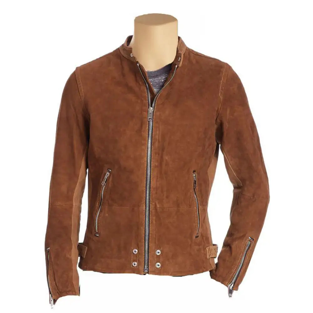 Front view of Brown suede cafe race moto jacket on a mannequin against a white background