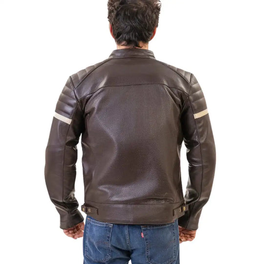 Brown Padded Armored Cafe Racer Leather Motorcycle Jacket close up back padded leather panel