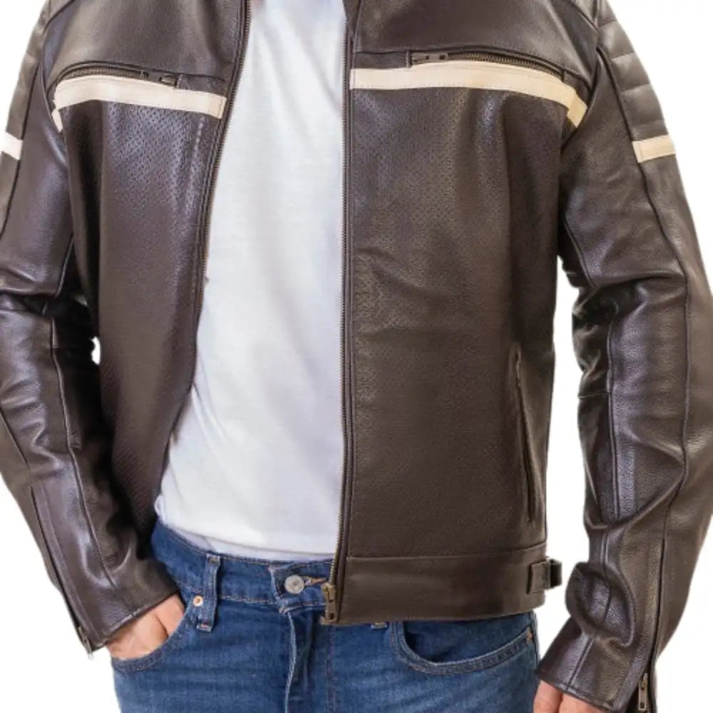 Brown Padded Armored Cafe Racer Leather Motorcycle Jacket close up padded leather texture