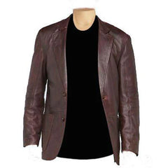 Front view of the burnished brown leather blazer on a mannequin, showcasing the rich color gradient and single-breasted design.