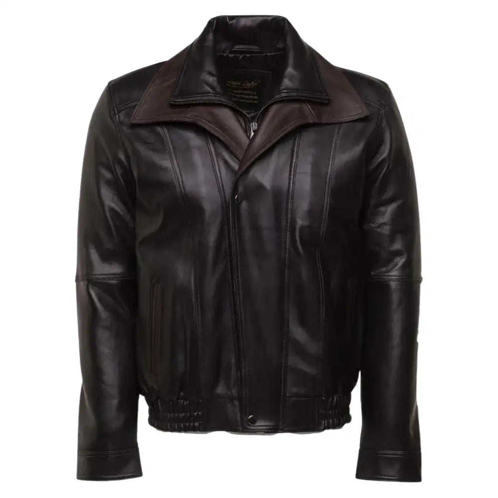 Front view of the Byrnes brown and black aviator leather jacket, highlighting the sleek vertical stitching and zip closure.