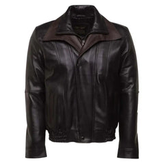 Front view of the Byrnes brown and black aviator leather jacket, highlighting the sleek vertical stitching and zip closure.