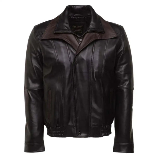 Front view of the Byrnes brown and black aviator leather jacket, highlighting the sleek vertical stitching and zip closure.