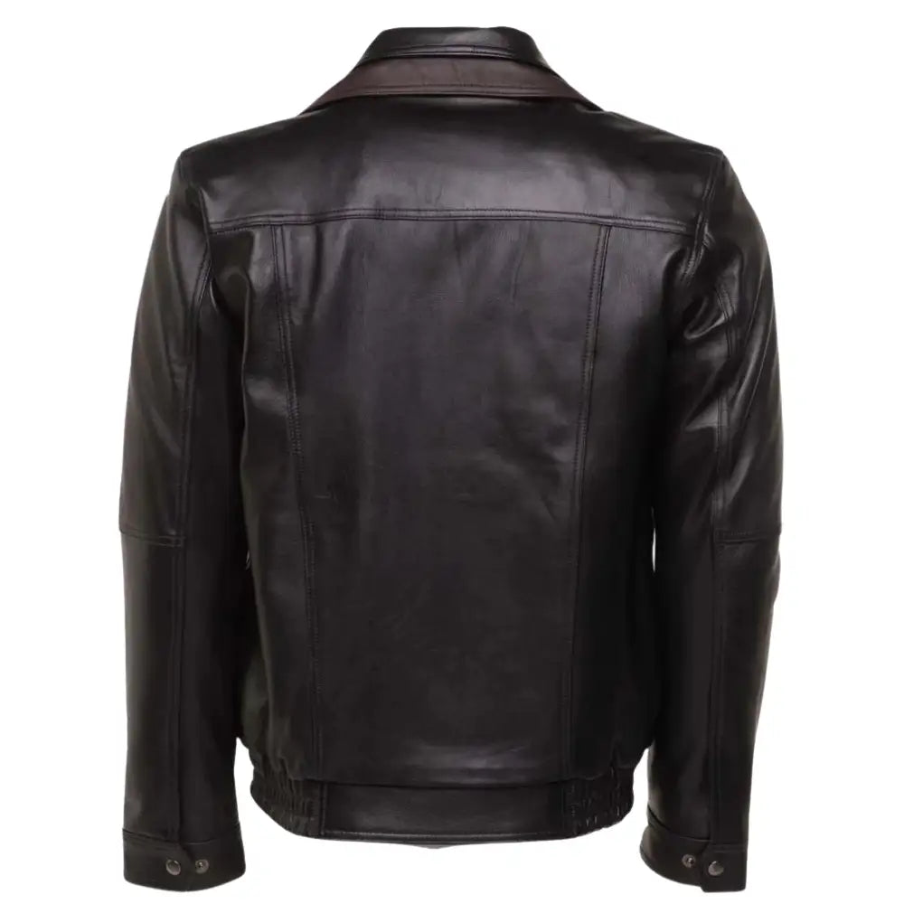 Rear view of the Byrnes two-tone leather flight jacket showing the smooth back panel and structured shoulder design.