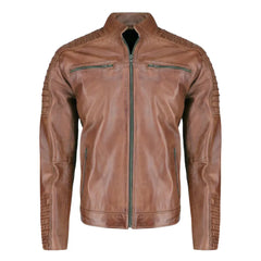 Cafe Racer Distressed Jacket with Piping front view distressed leather cafe racer jacket with contrast piping