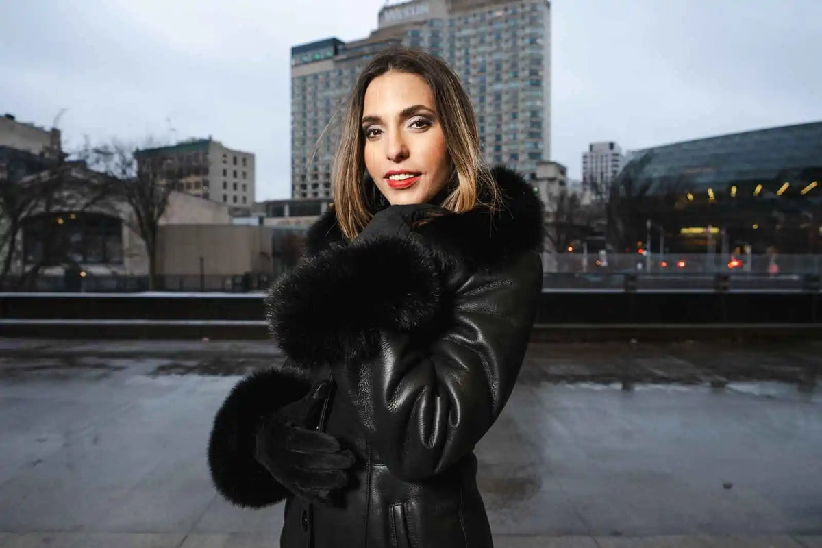 Caitlan’s Black Shearling Sheepskin Full Length Long Coat With Fox Fur Trim