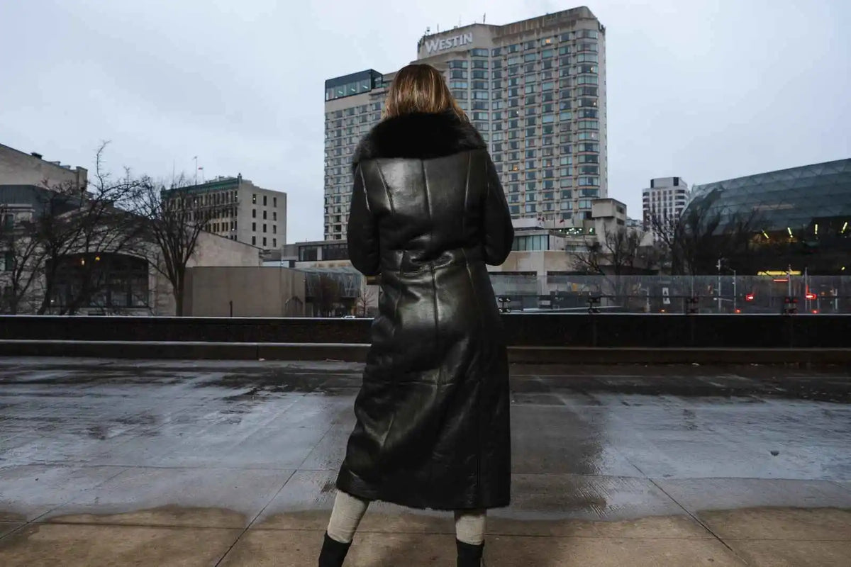 Caitlan’s Black Shearling Sheepskin Full Length Long Coat With Fox Fur Trim