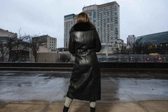 Caitlan’s Black Shearling Sheepskin Full Length Long Coat With Fox Fur Trim
