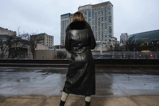 Caitlan’s Black Shearling Sheepskin Full Length Long Coat With Fox Fur Trim