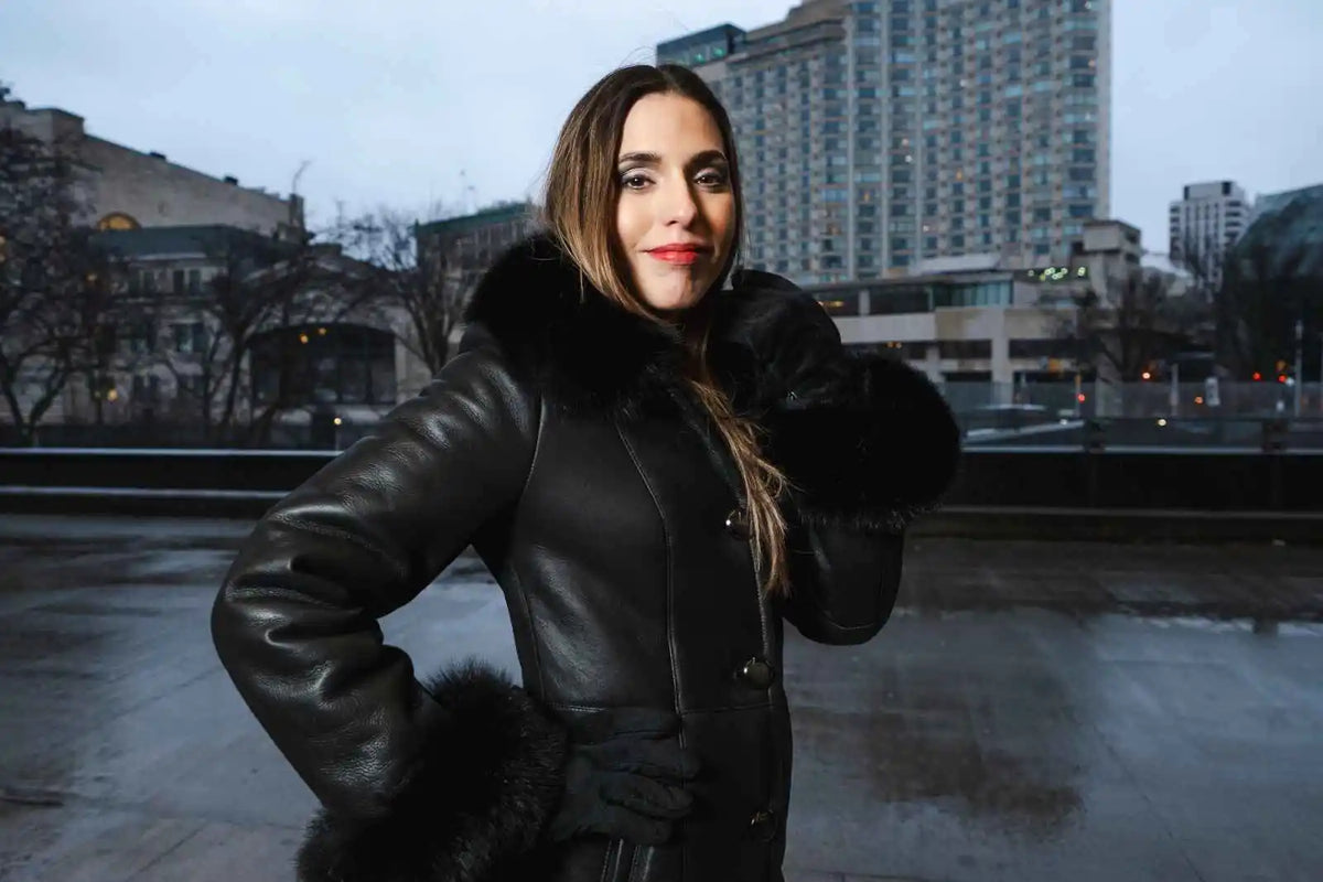 Caitlan’s Black Shearling Sheepskin Full Length Long Coat With Fox Fur Trim