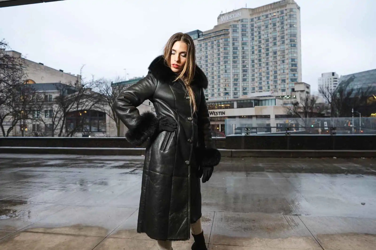 Caitlan’s Black Shearling Sheepskin Full Length Long Coat With Fox Fur Trim