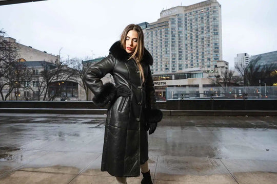 Caitlan’s Black Shearling Sheepskin Full Length Long Coat With Fox Fur Trim