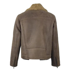 Back view of Carter's Brown Shearling Leather Biker Jacket highlighting smooth leather panels