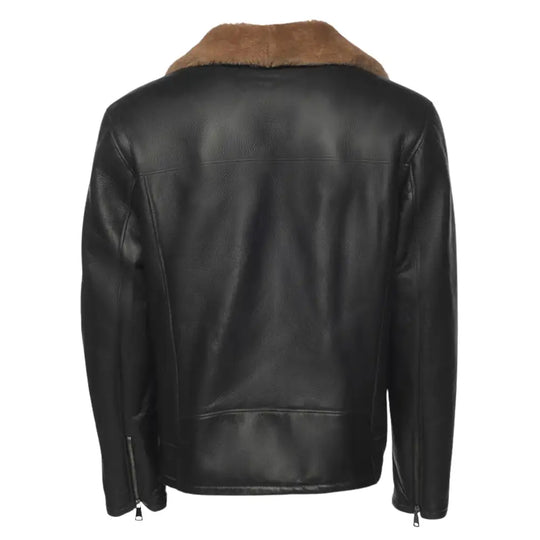 Back view of the Carters ginger brown leather biker shearling jacket, showcasing its vintage look and shearling accents.