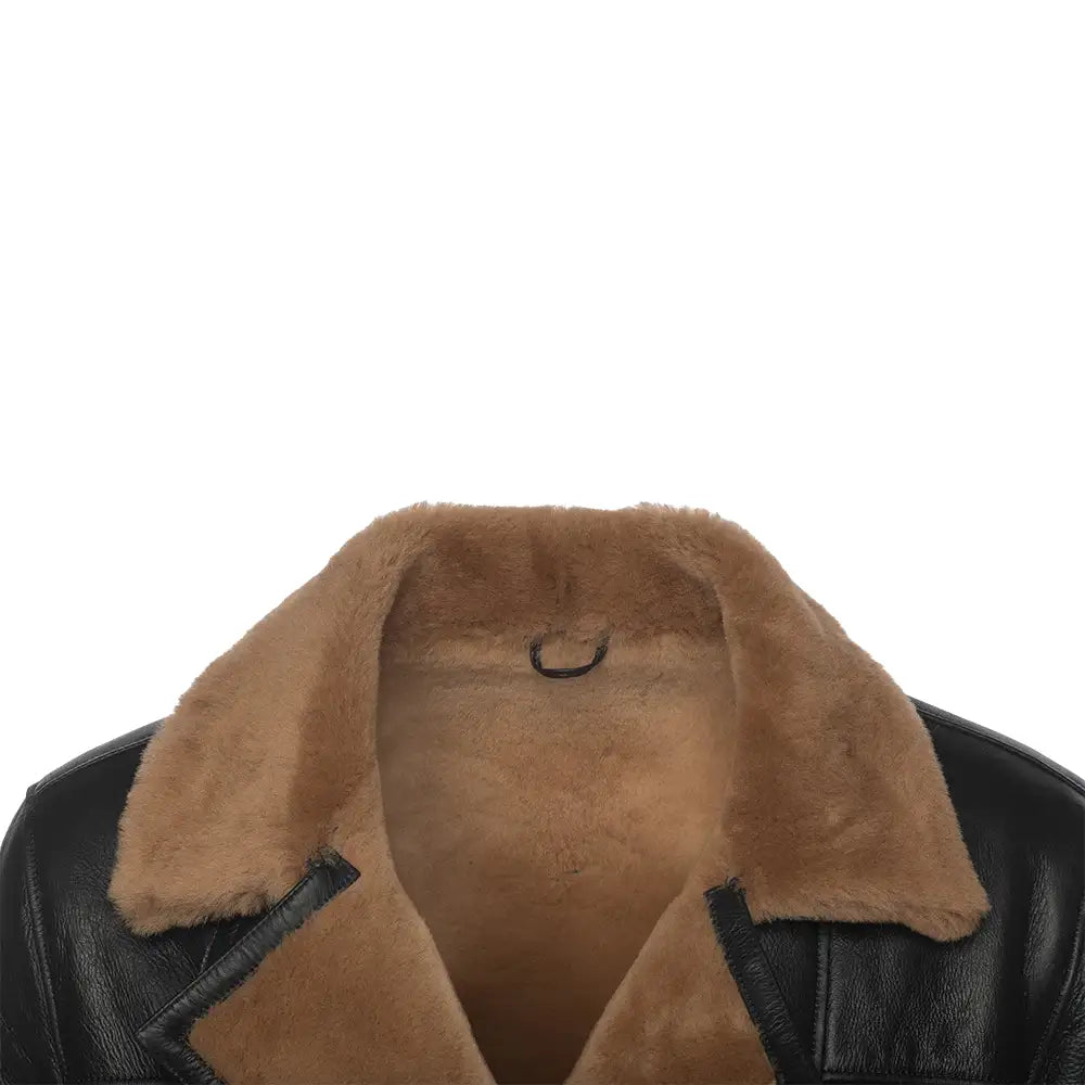 Close up of the Collar of the Carters Ginger Brown Shearling Leather Biker Jacket