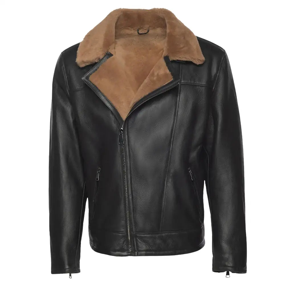 Front view of the Carters Ginger Brown Shearling Leather Biker Jacket