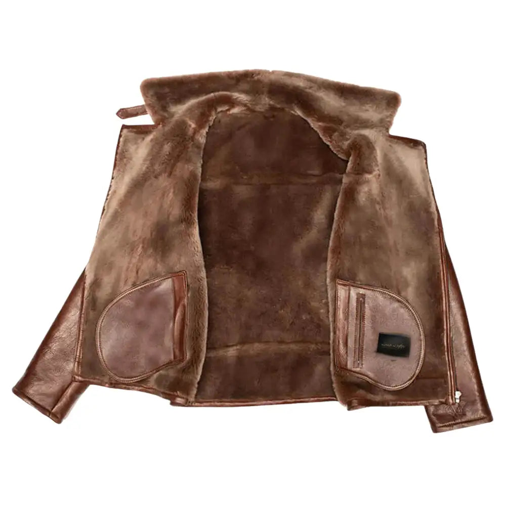 Inner construction of Carters Mateo brown shearling leather biker jacket