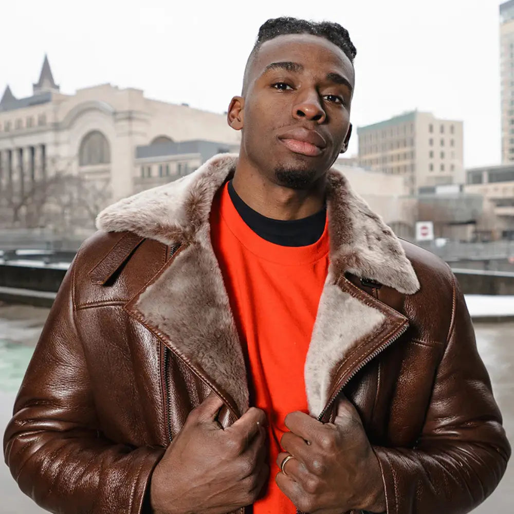 Street-style model view of Carters Mateo shearling leather biker jacket